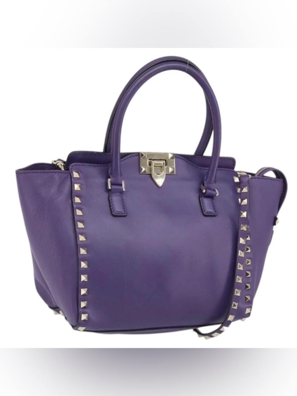 Valentino Garavani Purple Leather Stud-Trim Top-Handle Shoulder Bag Auth
